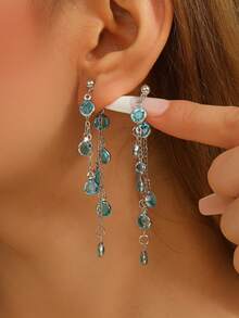 1 对百搭长流苏耳环，独特设计玻璃水晶吊坠耳环 - 流蘇 - 查看 1