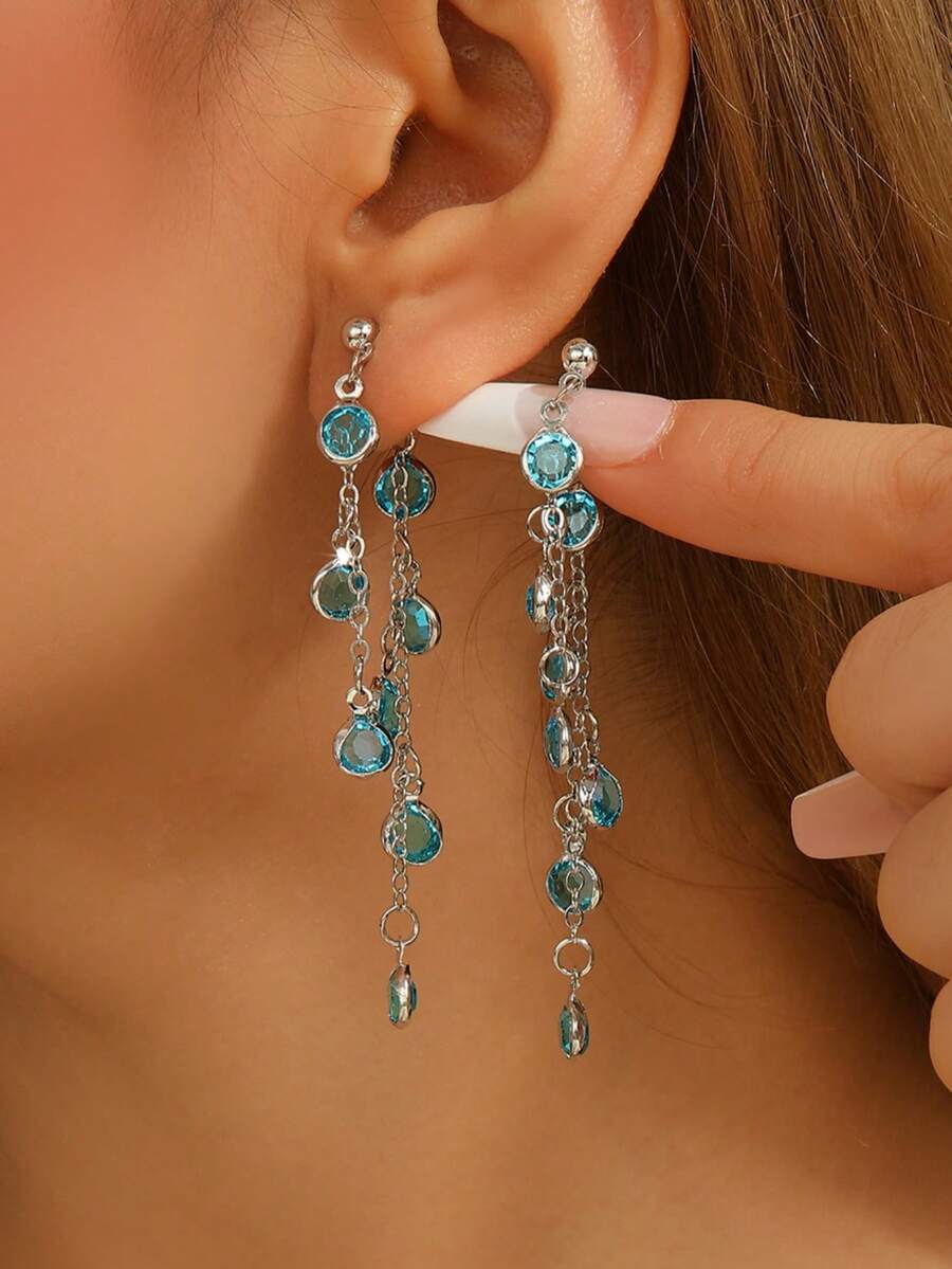 1 对百搭长流苏耳环，独特设计玻璃水晶吊坠耳环 - 流蘇 - 查看 1