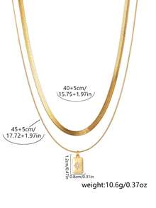 Nooxian 2pcs/Set Women Stainless Steel Snake Chain & Cubic Zirconia Star Pendant Necklace Set, Layered Wear Daily Style - Yellow Gold - View 5