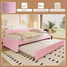 Sofa Bed With Slatted Frame And Pull-Out Bed, Youth Bed With Lamp And USB Port, Practical For Small Spaces