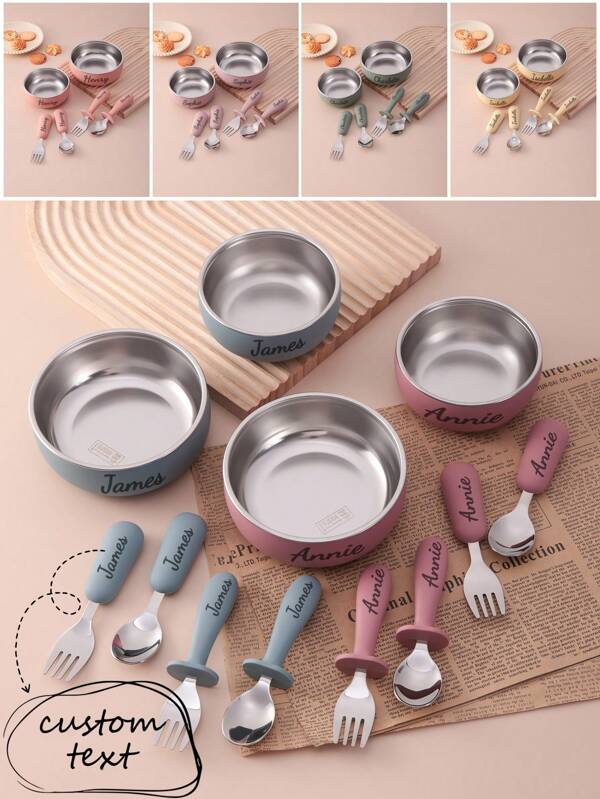 6PCS Personalized Customization Name Childern Feeding Bowl With Silicone Sleeve Inner Stainless Steel Self Feeding Tableware Silicone Spoon Fork Handle Set With Stainless Steel Tips Print On Demand Childern Essentials