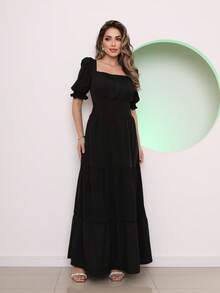 Long Dress With 3 Ruffled Sleeves - Black - View 2