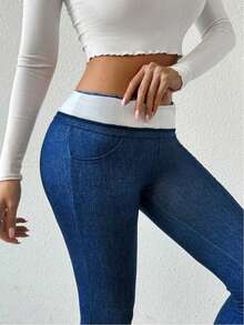 Thermisch gefütterte, bestickte Jeansoptik Leggings, Hoher Bund verdickte Fleece Hose, Warme Leggings für den Winter - Verschiedenfarbig - Übersicht 5