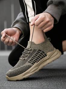 Men's Fashion Striped Knit Mesh Lace-Up Slip-On Casual Sneakers, Versatile, Comfortable, Suitable For Daily Wear, Outdoor, Commute, Wear With Socks