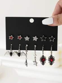 6 对哥特式深色铆钉滴油五角星、蝙蝠、心形玫瑰、吉他、钥匙、海星、乌鸦、骷髅时尚奢华设计耳环套装 - 多色-J - 查看 3