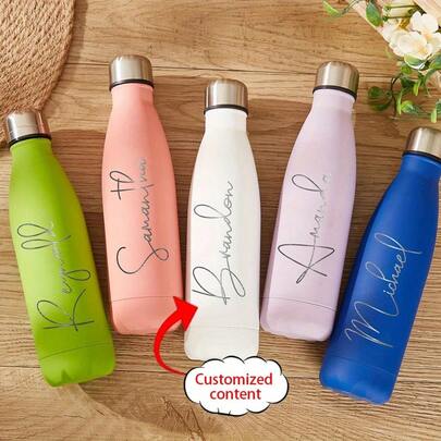 1pc Customized Travel Water Bottle - Leak-Proof Personalized Name/Text Stainless Steel Insulated Water Bottle, Elegant Design With 5 Colors Options (Pink, White, Purple, Green, Blue), Suitable For Hiking, Outdoor Adventure And Thoughtful Gift, Can Customize Drink Container, Fashionable Cylindrical Shape, High-Quality Printing,Multi-Functional,Durable,Ornamental,Reusable,Exquisite,Stylish,High-Quality,Colorful,Modern,Custom,Personalized,Unique,Ideal Gifts For Him,Ideal Gifts For Her,Boyfriend,Dad,Girlfriend,Mom,Family,Friends,Tea Room,Home,Garden,Office,For Anniversaries,For Valentine's Day,For Mother's Day,For Birthdays,For Father's Day,For Graduation,For Weddings,For Housewarming,Drinkware