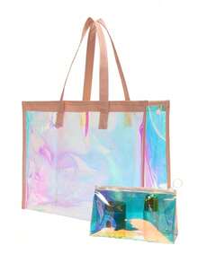 1/2 件/套大号沙滩透明彩虹色沙滩包，女士手提包，防水防沙沙滩包，带拉链袋透明激光袋，适用于度假、假日、旅行、海滩、游泳、泳池、巡航、船包、生日礼物、派对礼物