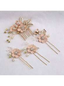 4-delige set elegante en charmante bruidshaaraccessoires, hoofddekselset voor bruiden (de plaatsing van de handgemaakte bloemen kan enigszins variëren) Haarkammen, kammen voor haar, zijkam