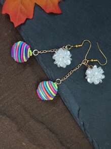 Handmade Long Tassel Rainbow Ball Floral Drop Earrings, Boho Vacation Style Vintage Elements, Suitable For Daily Life, Work, Stage, Street Photography, Women