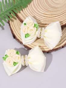 2pcs Beige Flowers Bow Hair Clips,Fabric Faux Pearl Bow Hairpins,Fashion Hair Accessories For Girls Teens Party Gifts