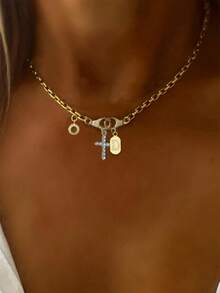 STYLEVER 1pc Gold Double-Buckle A-Z Letter Necklace, 26 Letters, Rhinestone Cross Pendant, Stainless Steel Chain, Minimalist Casual, Suitable For Daily Wear - Golden - View 11