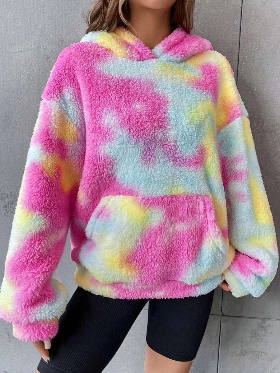 Tie-Dye Print Reversible Fluffy Casual Loose Sweatshirt - Pink - View 1