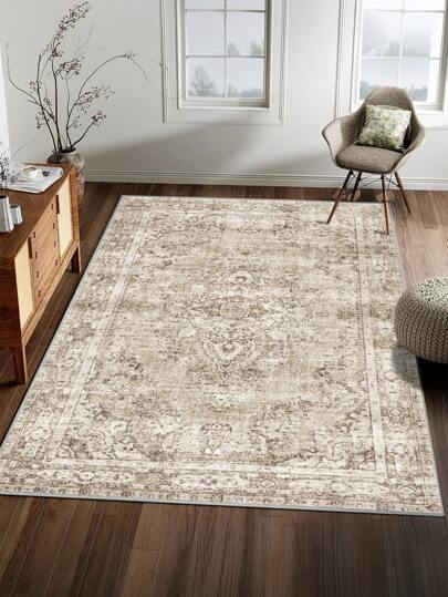 1pc Bohemian Style Brown Area Rug, Washable Faux Wool, 1160g/M² For Living Room Bedroom Kitchen Office Entryway