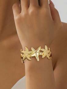 1pc Fashionable Minimalist Metallic Sea Star Linked Adjustable Bangle Bracelet For Women