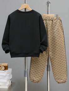 Boys' Casual Simple Spring/Autumn Outfit, 2 Pieces Set Children's Autumn Gold Print Fashionable Casual Patchwork Black Hoodie + Printed Striped Pants Set Boys' Casual Simple Printed Pattern Round Neck Long Sleeve Sweatshirt And Elastic Waist Pants 2 Pieces Set - Khaki - View 2