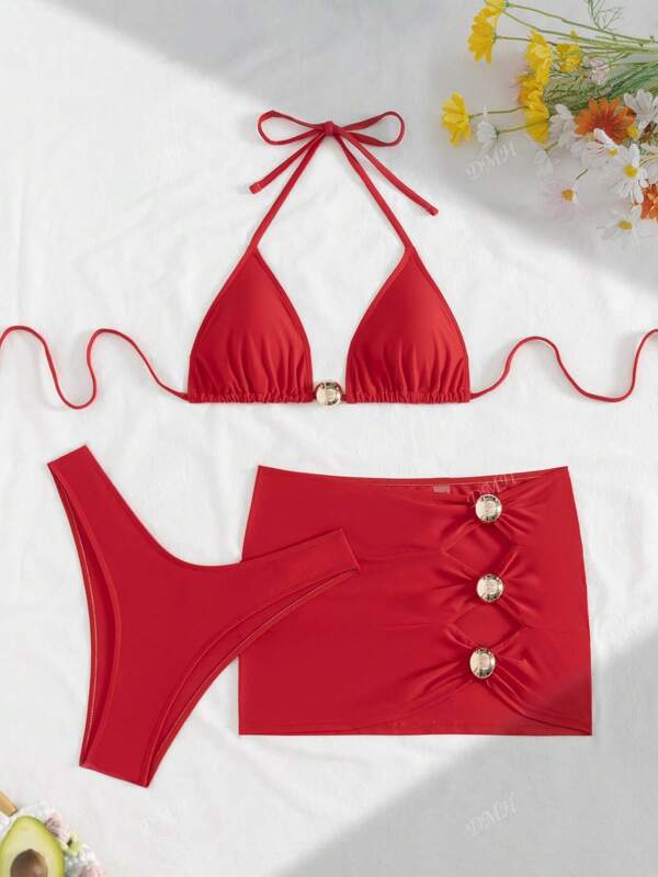 Women's 3pcs Bikini Set, Solid Color Lace-Up Back Beach Dress