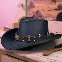Retro Carnival Cowgirl Hat For Women Men Bullet Belt Wide Brim Western Cap With Windproof Rope - Black - View 1