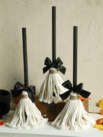 1 pièce Mini balai de sorcière, décoration de table d'Halloween, fait main en laine et ornement avec nœud noir, décoration rustique d'automne pour fête, cheminée, étagère ou présentoir à étages
