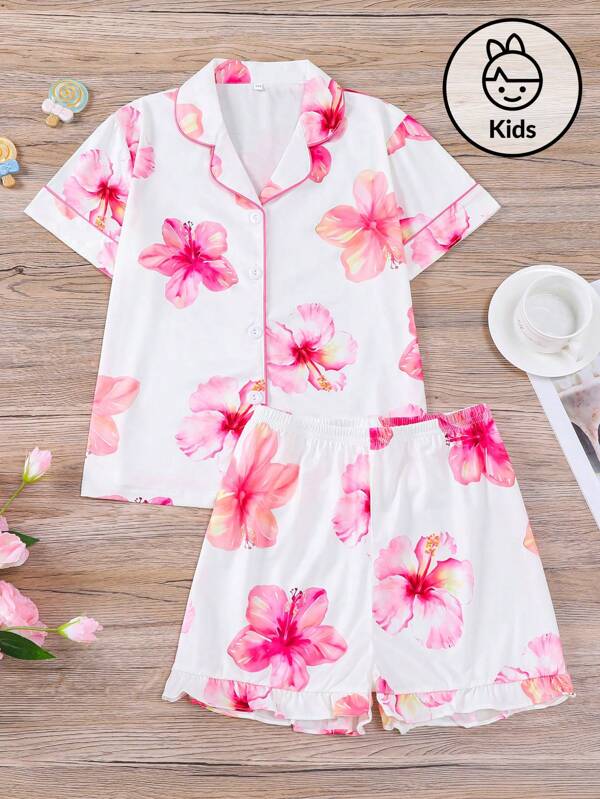 2 pièces/Ensemble Pyjama court d'été léger pour filles 2025, imprimé floral, peut être porté à l'extérieur de la maison, ensemble de vêtements de nuit pour grandes filles