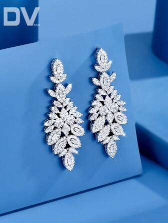 DV JEWELRY 1 Pair Luxurious White Gold Plated Cubic Zirconia Pendant Earrings, Elegant Jewelry Gift For Women, Suitable For Dating, Wedding, Party, Anniversary With Gift Box