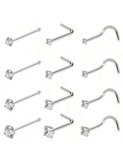 4pcs 1.5/2/2.5/3mm Shiny Cubic Zirconia Nose Piercing Jewelry Nose Studs, I L Shaped Bone Nostril Piercing Jewelry