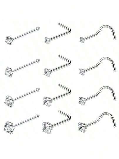 4pcs 1.5/2/2.5/3mm Shiny Cubic Zirconia Nose Piercing Jewelry Nose Studs, I L Shaped Bone Nostril Piercing Jewelry