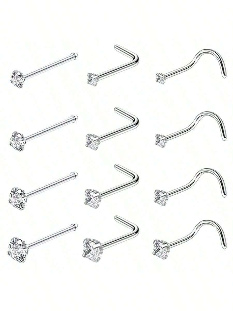 4入組1.5/2/2.5/3mm閃亮立方氧化鋯鼻針珠寶,il型骨鼻孔針珠寶 - 銀色 - 查看 1