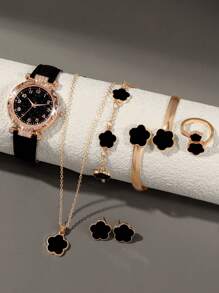 7pc Versatile Black Starry Sky Literal Quartz Digital Watch, Paired With Lucky Flower Necklace, Bracelet, Ring, Earrings And Jewelry Accessories Set, Is A Valentine's Day And Easter Gift For Women.
