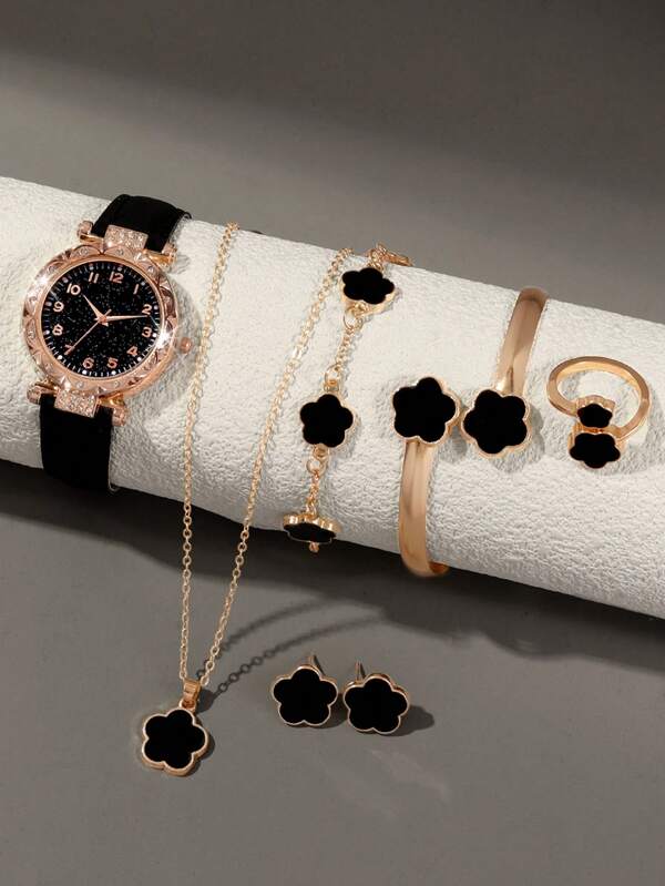 7pc Versatile Black Starry Sky Literal Quartz Digital Watch, Paired With Lucky Flower Necklace, Bracelet, Ring, Earrings And Jewelry Accessories Set, Is A Valentine's Day And Easter Gift For Women.