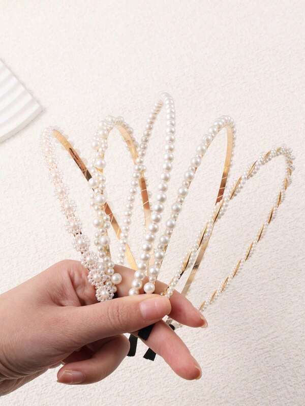 5pcs/Set Of Girl's Faux Pearl Side Clip Hairpin Headgear, White Headband, Hairband Headband For Women ,Hair Accessories