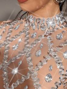 新款性感女式长裙奢华闪亮水晶钻石透视网眼长裙时尚女式小立领无袖紧身长裙婚礼伴娘服派对女式正式晚宴礼服