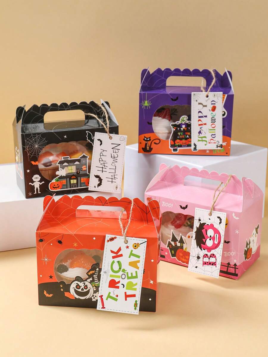 4pcs Halloween Candy Box With Window, Halloween Decorations Cookie Box Gift Box, Trick Or Treat Party Favors Box, Halloween Party Gift Wrapping Supplies Packing Box For Cupcakes, Donuts, Candy, Pies, Halloween Party Supplies,Purple Orange Black And Pink Style - Multicolor - View 1
