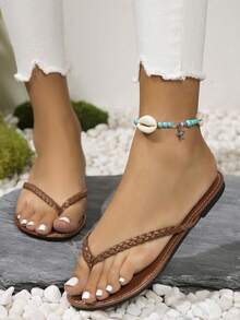 Women Solid Color Flip Flops, Lightweight Slide Slip On Woven Strap Sandals - Brown - View 3