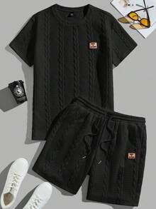 Conjunto de dos piezas para hombre de camiseta de manga corta con cuello redondo y pantalones cortos con cordón de ajuste - Negro - Ver 1