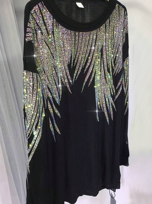 Langarmshirt Damen Große Größen Oberteile Strass Grafik T Shirt Long Sleeve Blusen Luxus Sonnenschutz