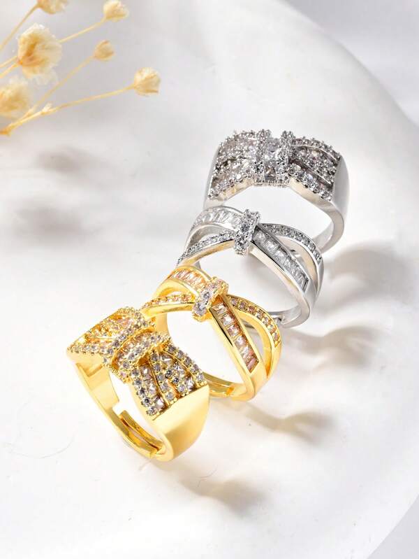 1Pc Luxury Gold Cubic Zirconia Twisted Cross Decorative Ring,Open Adjustable Women's Rings,Summer Fashion Accessories,Suitable For Daily,Wedding,Festivals,Party Wear,Elegant Jewelry Gift,Valentine's Day Gift.