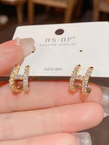1 Pair Fashionable Versatile Fully Bling H Letter Design S925 Sterling Silver Stud Earrings, Small Unique Style