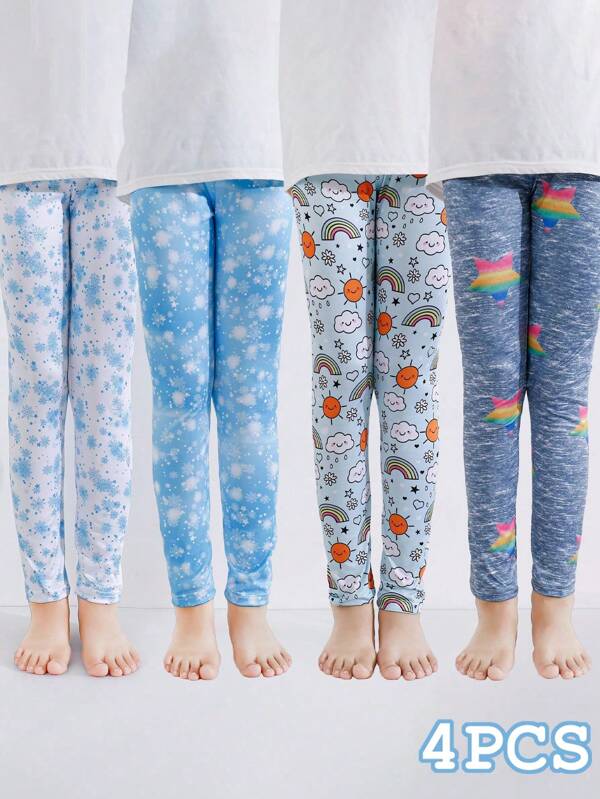 4 piezas Pantalones de pijama tipo leggings para niñas con estampados de copos de nieve, sol, arcoíris y estrellas, pantalones recortados elegantes y lindos, aptos para uso diario