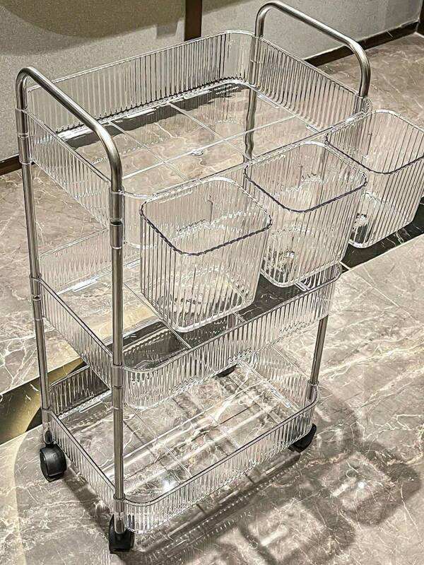 Carrito de almacenamiento con ruedas de 3/4 niveles transparente - Carrito utilitario multifuncional transparente con asa y ruedas, estantería organizadora móvil para cocina, baño, oficina y sala de estar