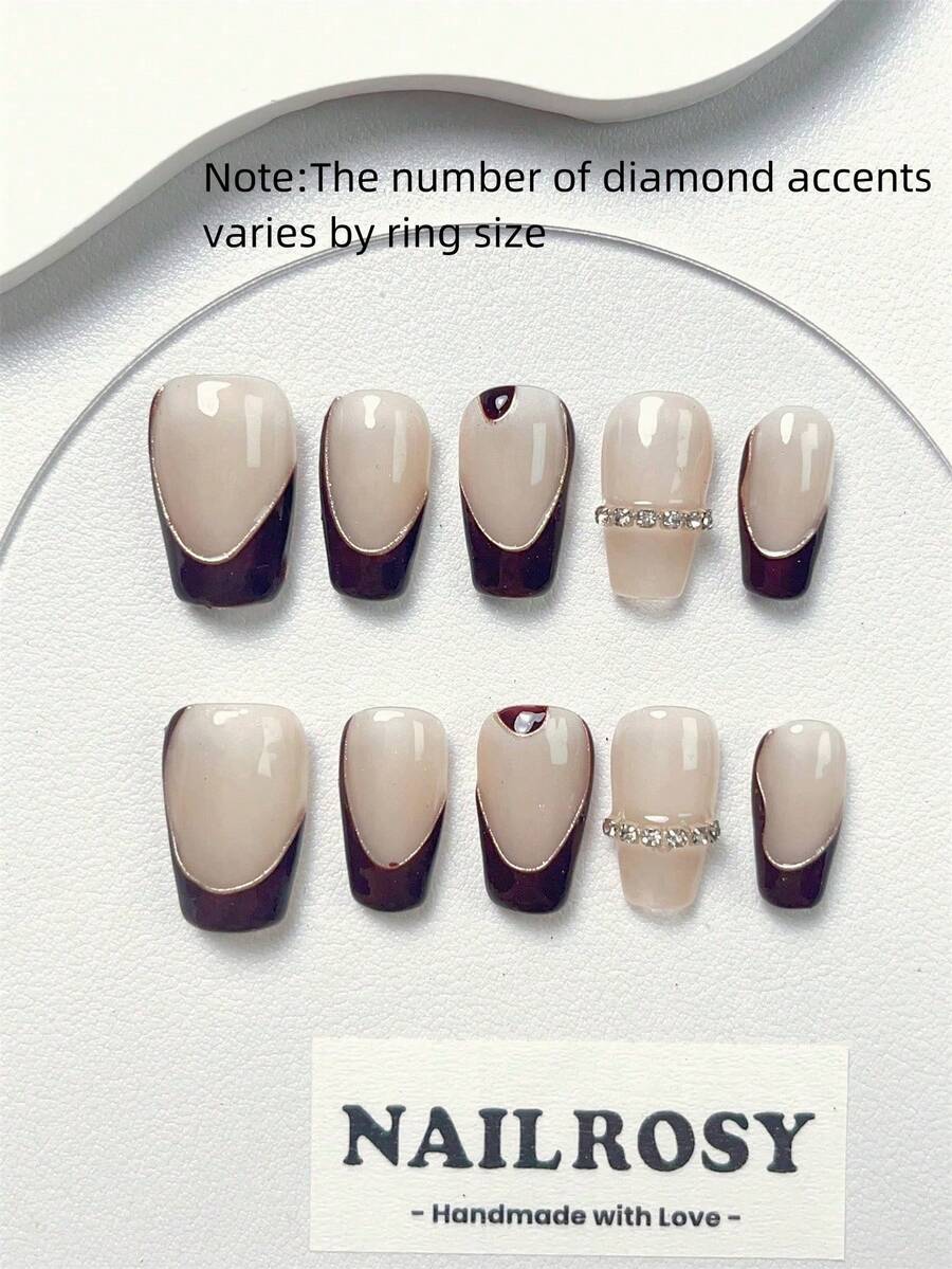 10 件手工按压指甲套装中号棺材透明红葡萄酒金线艺术闪亮彩虹奢华水钻装饰优雅简约复古钱币日式现代韩式清新设计美甲用品指甲 - 金色 - 查看 1
