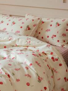 2/3pcs Set, Red Cherry Blossom Print, Fresh Floral Pattern, Soft & Comfortable Duvet Cover Set, Suitable For Men, Women, Children, Student Dorm Decor, Soft & Skin-Friendly, Duvet Cover & Pillow Case Set, Excl. Comforter, Fits Twin, Full, Queen, King Bed, All Season, Home Decor, Bedding Gift Set, Machine Washable - Red - View 5