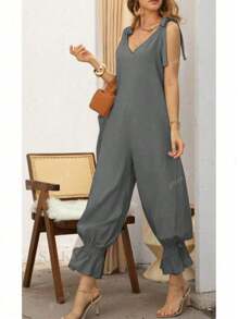 Women's Casual Solid Color Knotted Camisole Harem Pants, Suitable For Dates And Vacations