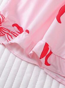Set de 2 piezas de ropa de dormir ignífuga para niños, nueva para el verano, cárdigan casual de manga corta abierto, lavable, impreso con moño rosa, ropa exterior y de estar en casa para niñas, para niños pequeños y niños