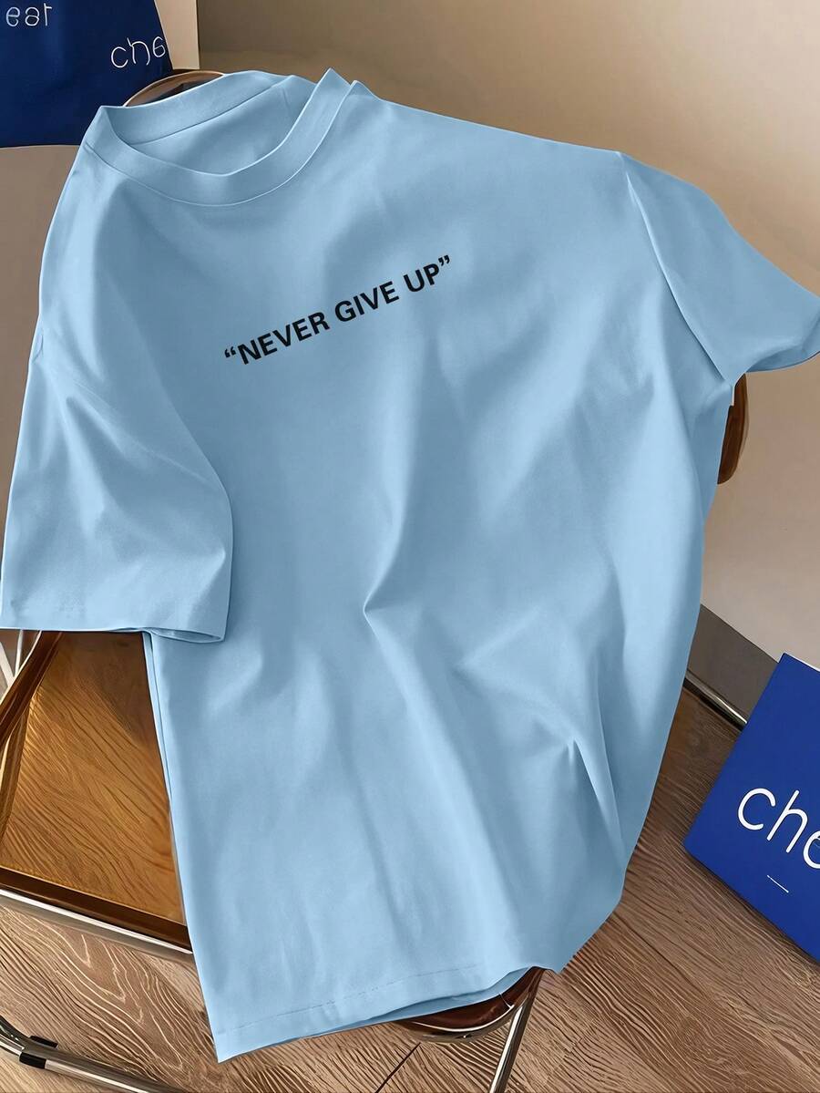 男士休闲标语印花短袖T恤，夏季 - 淺藍色 - 查看 1