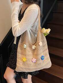 镂空花朵针织托特包，休闲度假风大容量编织女单肩包，通勤沙滩时尚购物手提包 - 卡其色 - 查看 5