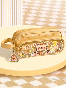 1个黄油熊多层大容量透明卡通铅笔袋，女孩多功能文具盒，可爱ins风铅笔盒（赠送同款吊坠），新款小学生文具包，返校季必备，铅笔袋，书包