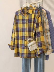YUXIN Retro American Plaid Print Long Sleeve Shirt For Women, Spring/Autumn, Unique Design Chic Loose Blouse