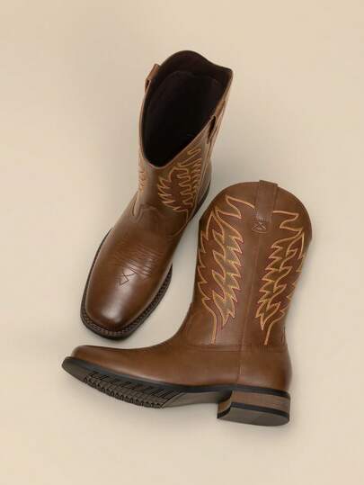 Men's Western Premium Leather Cowboy Boots Square Toe Pull On Embroidered Design All Seasons Comfort,Durable Leather Retro Short Boot Country Chic