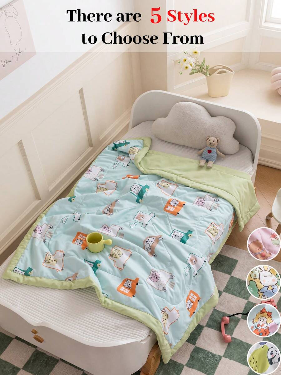 1 件卡通儿童夏季被子，可爱清新风格蓬松棉空调被，亲肤柔软透气可机洗，适合幼儿的育儿午睡毯