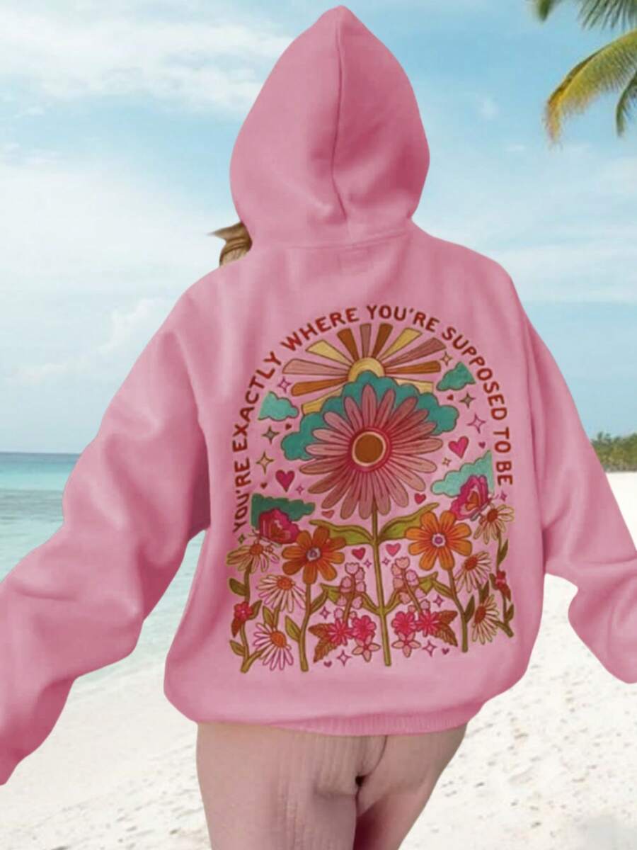 Womens Y2k Embroidered Graphic Hoodies Casual Cozy Stylish Floral Letter Pattern Long Sleeve Oversized Hooded Sweatshirt Loose Fit Pullover Tops For Fall Winter Clothes Outfit Streetwear Preppy Aesthetic  Clothes - 粉色 - 查看 1